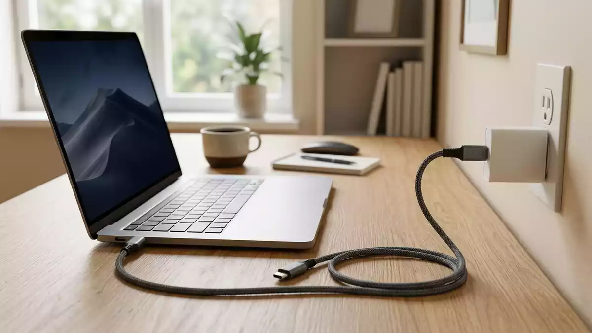 Fotorealistische Ansicht von USB-C Kabel am Schreibtisch in realer Umgebung, neutral
