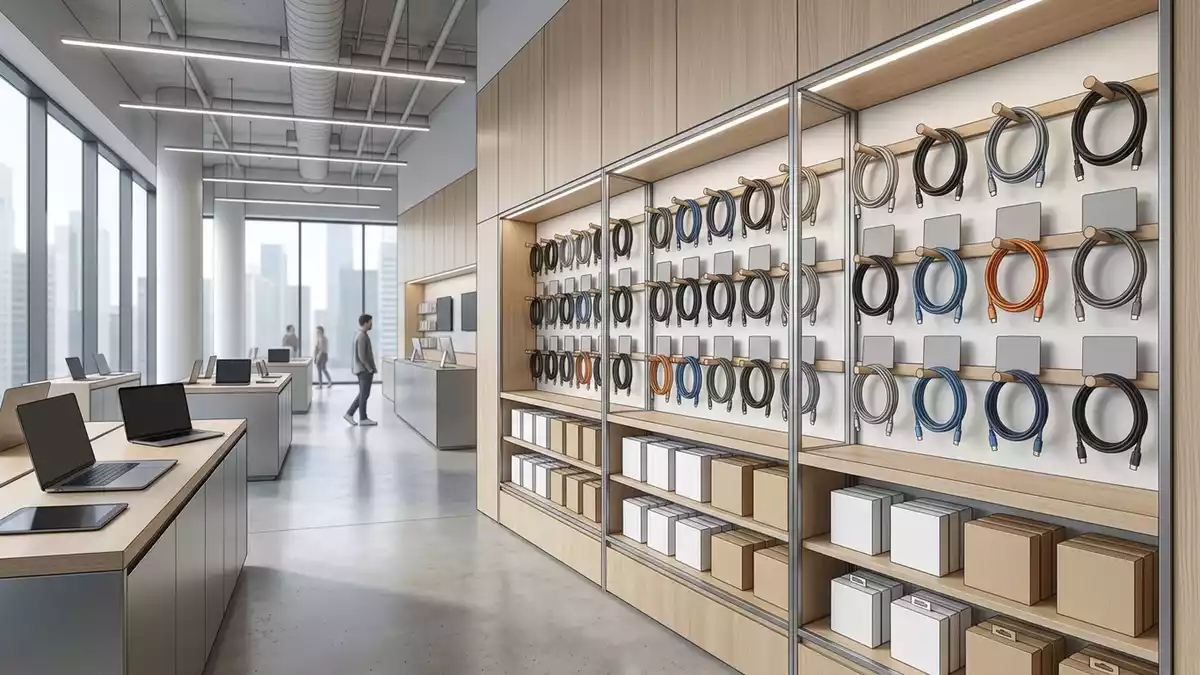 Architektur-Render im Elektronikmarkt mit USB-C Kabel im Ausstellungsbereich, neutral