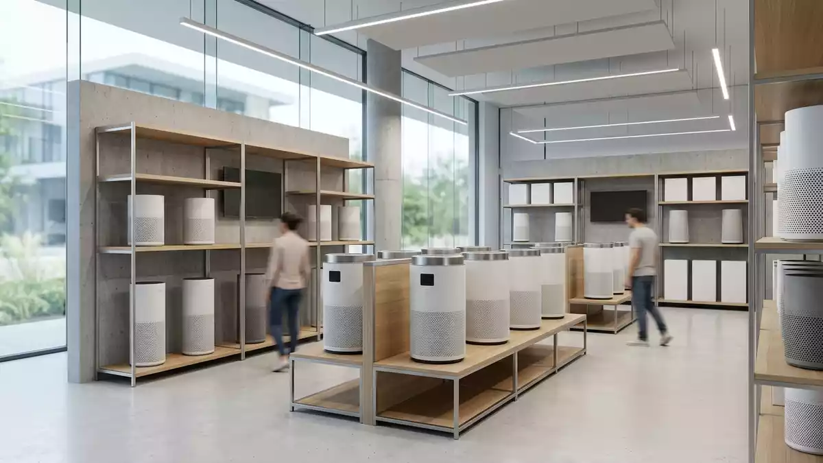 Architektur-Render im Hausgeraetefachmarkt mit Luftreiniger im Ausstellungsbereich