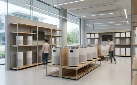 Architektur-Render im Hausgeraetefachmarkt mit Luftreiniger zum Thema Levoit Core 600S Luftreiniger, neutrales Tageslicht - Foto: THN