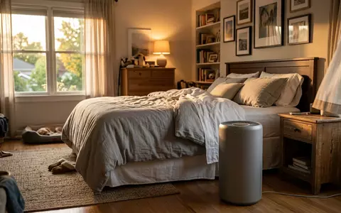 Fotorealistische Aufnahme von Luftreiniger im Schlafzimmer zum Thema Levoit Core 400S Luftreiniger, warmes Abendlicht - Foto: THN