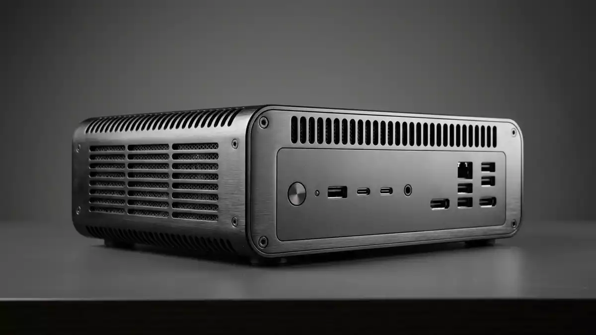 Fotorealistische Studioansicht von Mini-PC in neutraler Produktdarstellung, neutral