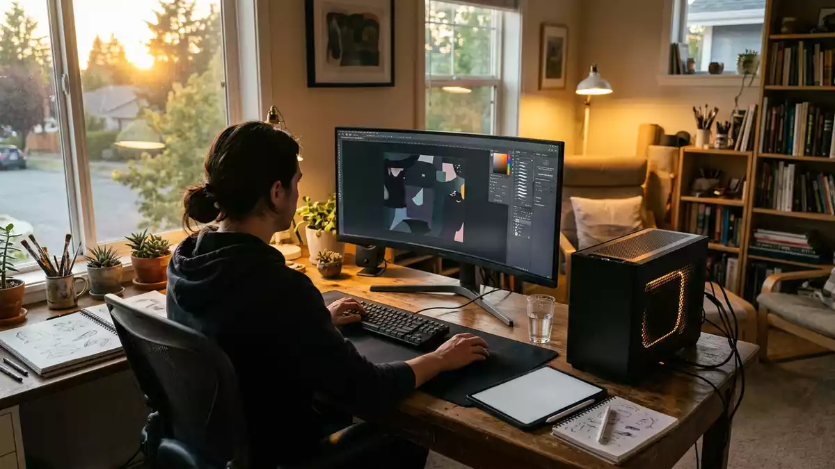 Fotorealistische Ansicht von Mini-PC beim Abendprojekt in warmem Abendlicht, neutral