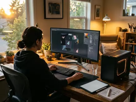 Fotorealistische Aufnahme von Mini-PC beim Abendprojekt zum Thema Lenovo ThinkCentre Neo Ultra, warmes Abendlicht - Foto: THN