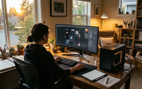 Fotorealistische Aufnahme von Mini-PC beim Abendprojekt zum Thema Lenovo ThinkCentre Neo Ultra, warmes Abendlicht - Foto: THN