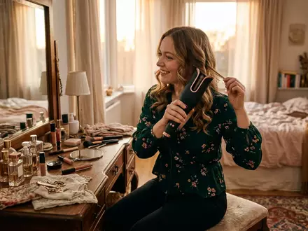 Fotorealistische Aufnahme von Haarstyler vor dem Ausgehen zum Thema Philips BHB876 ProCare Airstyler, warmes Abendlicht - Foto: THN