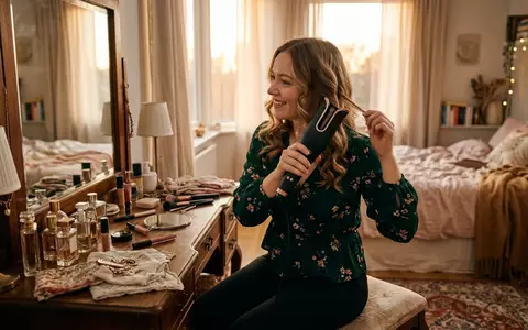 Fotorealistische Aufnahme von Haarstyler vor dem Ausgehen zum Thema Philips BHB876 ProCare Airstyler, warmes Abendlicht - Foto: THN