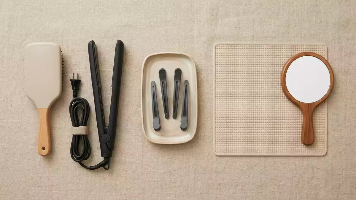 Flatlay-Arrangement rund um Haarglaetter mit passenden Requisiten von oben, neutral