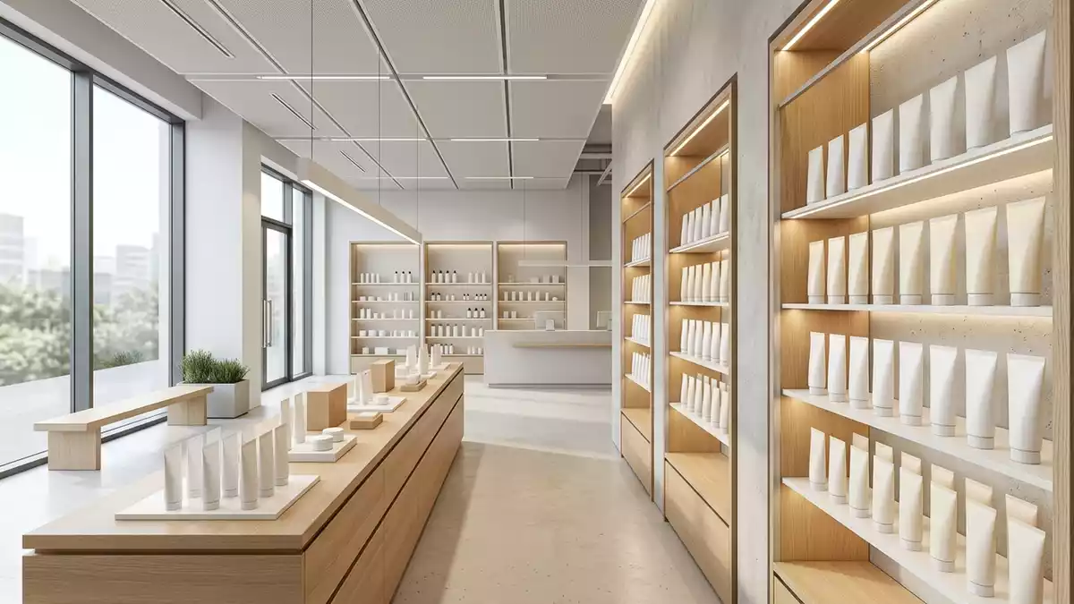 Architektur-Render im Drogeriemarkt mit Zahnpasta im Ausstellungsbereich, neutral