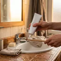 Fotorealistische Aufnahme von Zahnpasta am Abend zum Thema Sensodyne Repair & Protect, warmes Abendlicht - Foto: THN