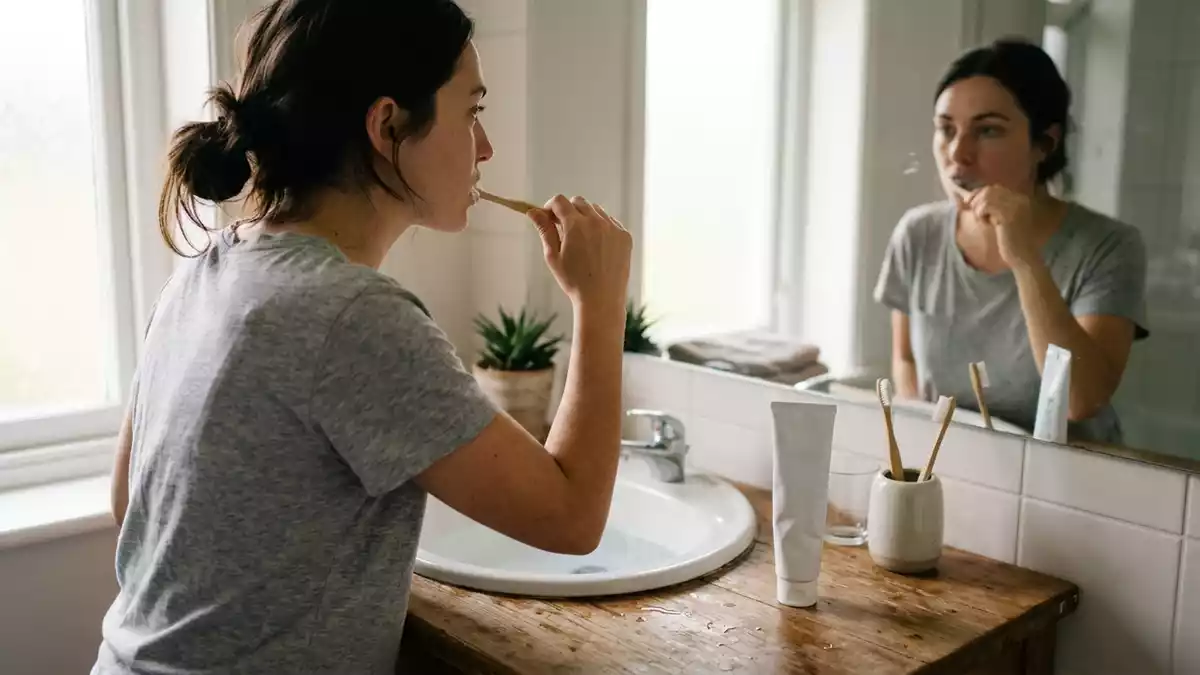 Fotorealistische Ansicht von Zahnpasta am Morgen in realer Umgebung, neutral