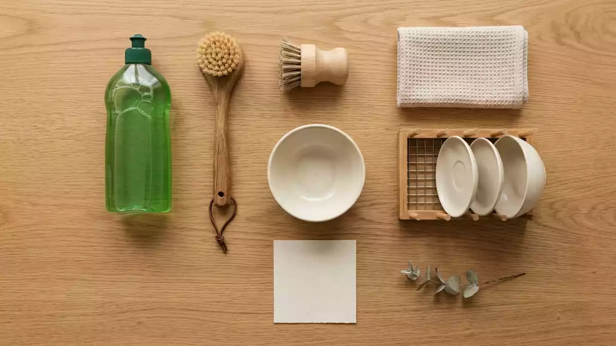Flatlay-Arrangement rund um Geschirrspuelmittel mit passenden Requisiten von oben