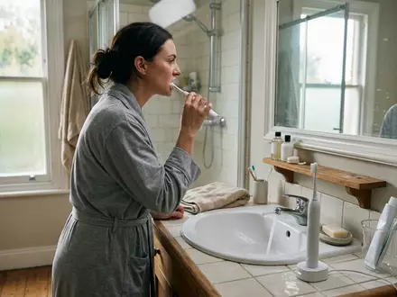 Fotorealistische Aufnahme von Elektrische Zahnbuerste am Waschbecken zum Thema Oral-B iO Series 9, natuerliches Licht - Foto: THN
