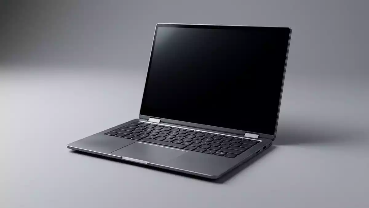 Fotorealistische Studioansicht von Laptop in neutraler Produktdarstellung, neutral
