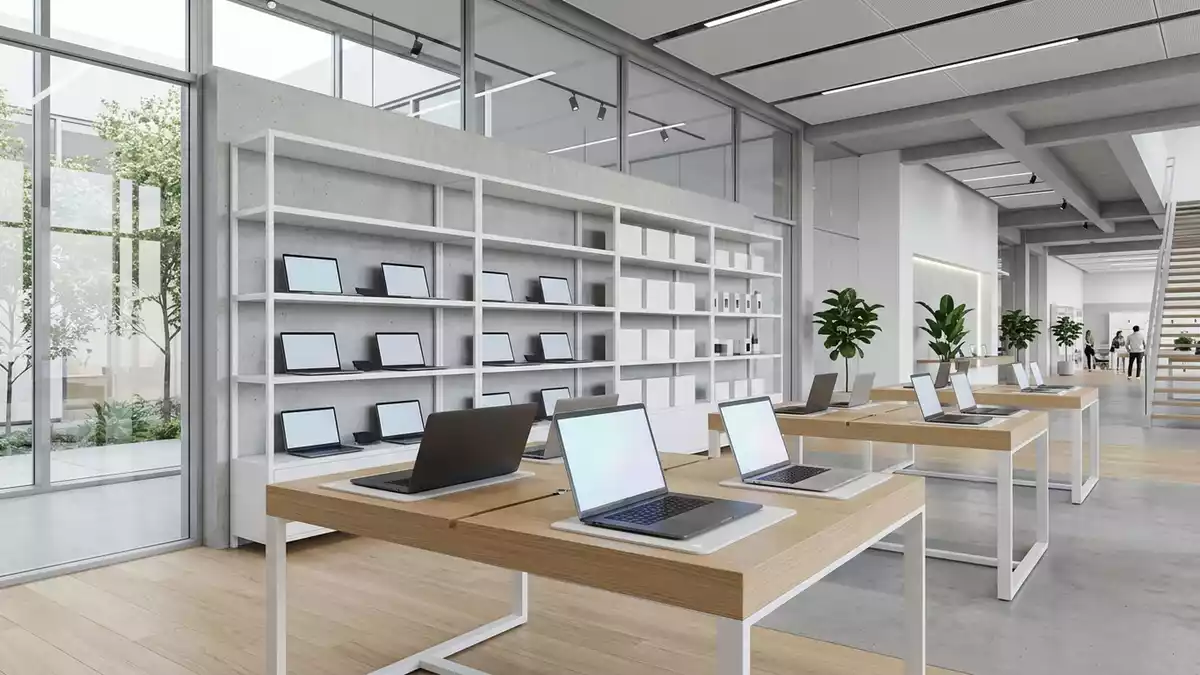 Architektur-Render im Elektronikfachgeschaeft mit Laptop im Ausstellungsbereich