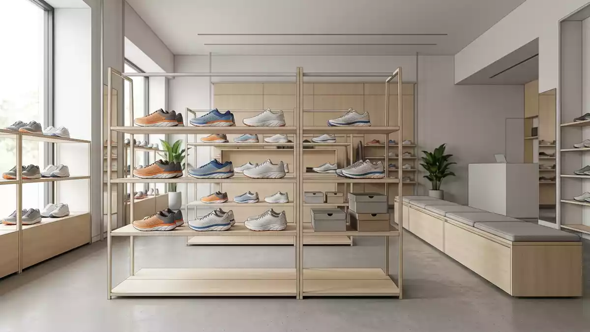 Architektur-Render im Sportschuhgeschaeft mit Laufschuhe im Ausstellungsbereich