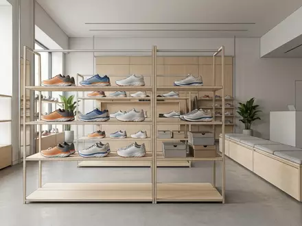 Architektur-Render im Sportschuhgeschaeft mit Laufschuhe zum Thema Adidas Ultraboost 24 Laufschuhe, neutrales Tageslicht - Foto: THN