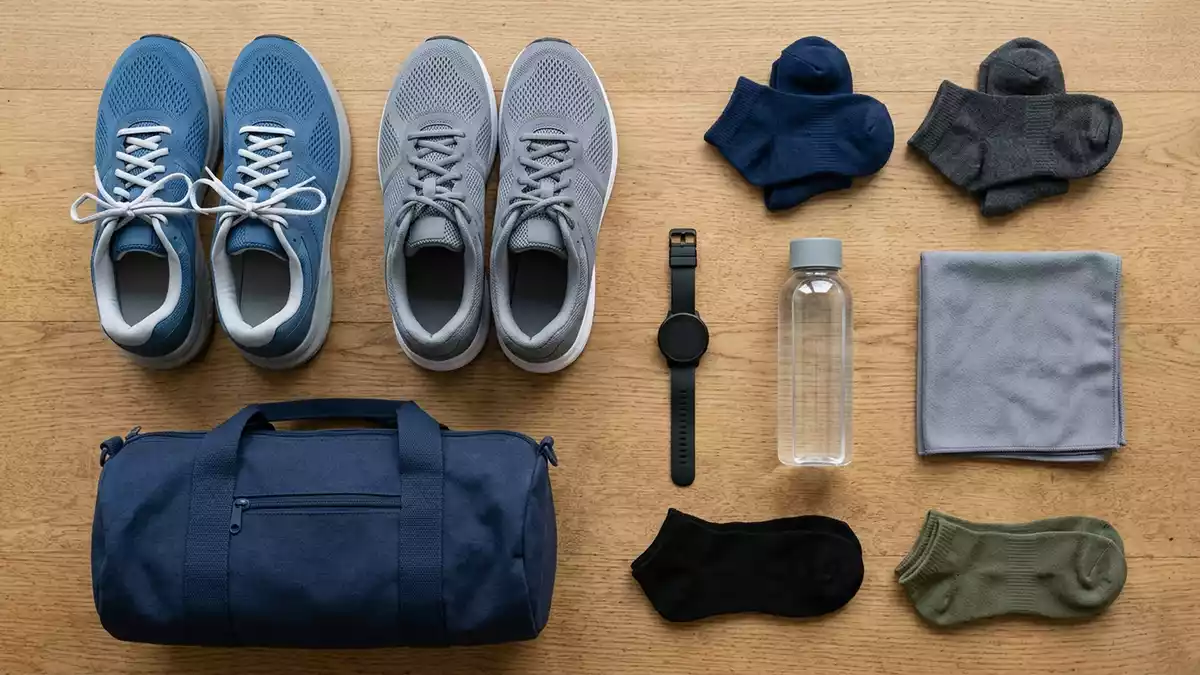 Flatlay-Arrangement rund um Laufschuhe mit passenden Requisiten von oben, neutral