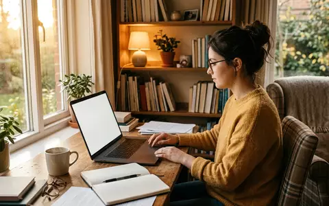 Fotorealistische Aufnahme von Laptop in der Lernecke zum Thema Acer Chromebook Plus 515, warmes Abendlicht - Foto: THN