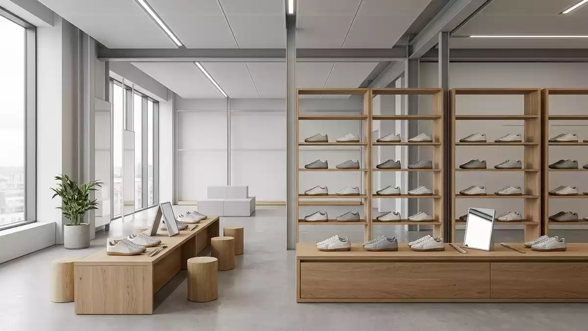 Architektur-Render im Sportschuhgeschaeft mit Sneaker im Ausstellungsbereich, neutral