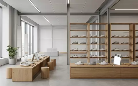 Architektur-Render im Sportschuhgeschaeft mit Sneaker zum Thema Adidas Stan Smith Sneaker, neutrales Tageslicht - Foto: THN