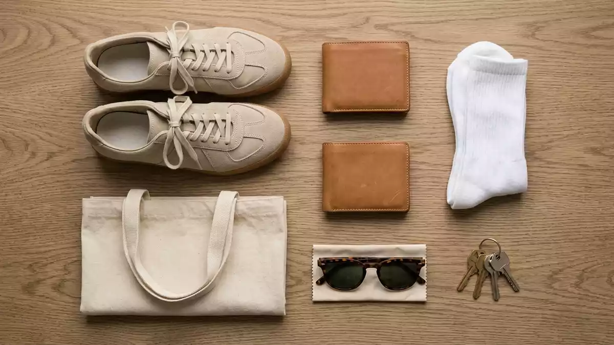 Flatlay-Arrangement rund um Sneaker mit passenden Requisiten von oben, neutral