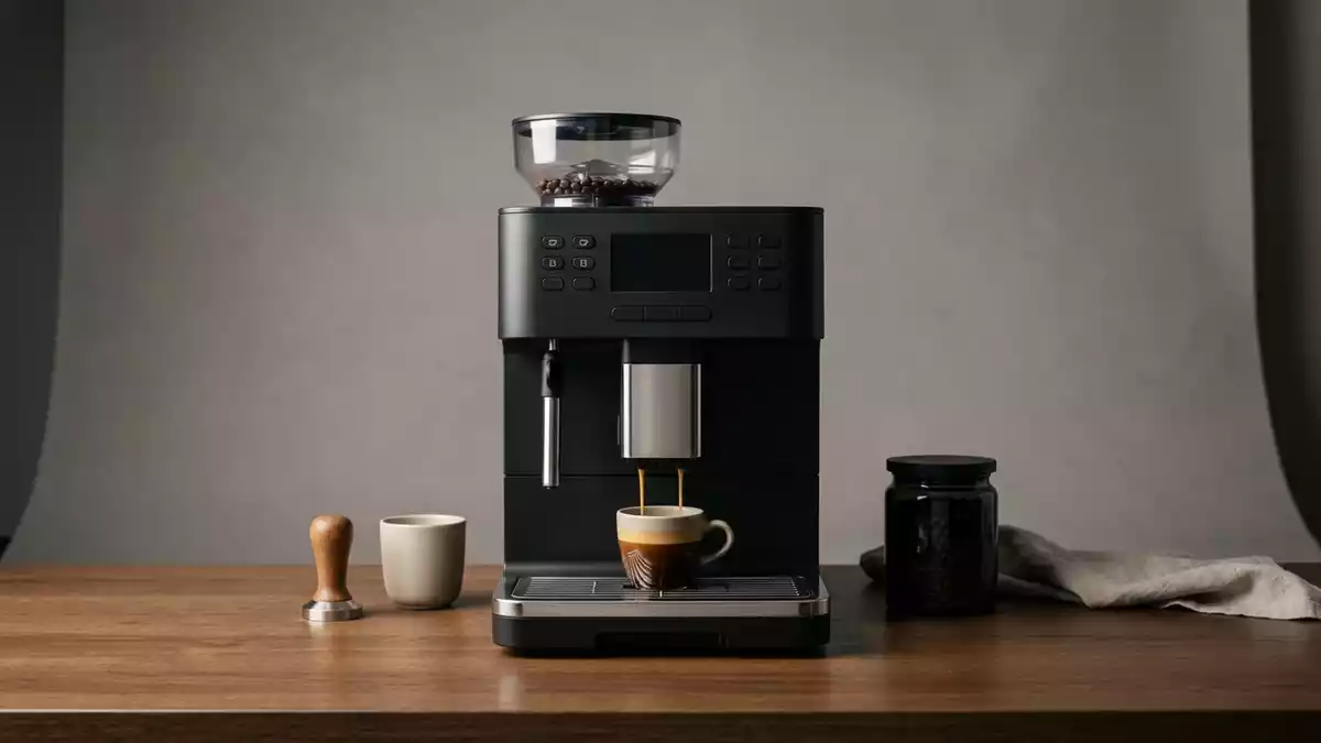 Fotorealistische Studioansicht von Kaffeevollautomat in neutraler Produktdarstellung