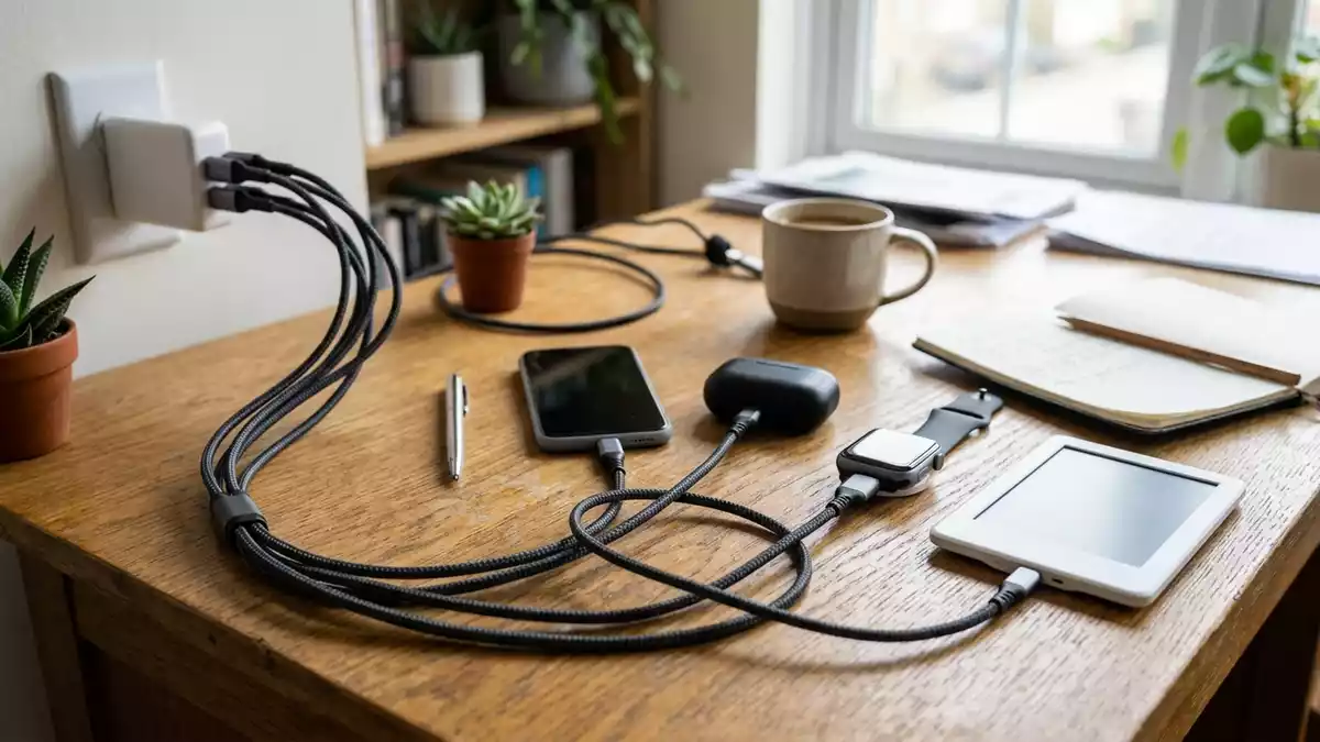 Fotorealistische Ansicht von Ladekabel am Schreibtisch in realer Umgebung, neutral