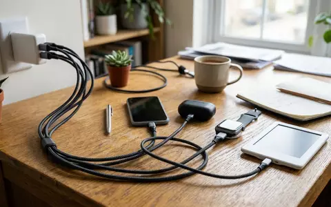 Fotorealistische Aufnahme von Ladekabel am Schreibtisch zum Thema Mcdodo 3-in-1 Ladekabel USB-C, natuerliches Licht - Foto: THN