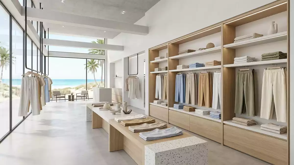 Architektur-Render im Strandmodegeschaeft mit Strandhose im Ausstellungsbereich