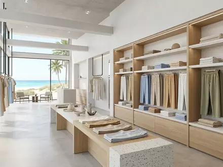 Architektur-Render im Strandmodegeschaeft mit Strandhose zum Thema Roxy Damen Strandhose Popsurf, neutrales Tageslicht - Foto: THN