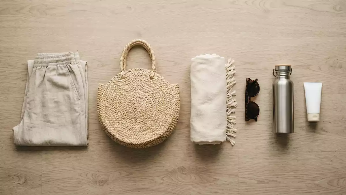 Flatlay-Arrangement rund um Strandhose mit passenden Requisiten von oben, neutral