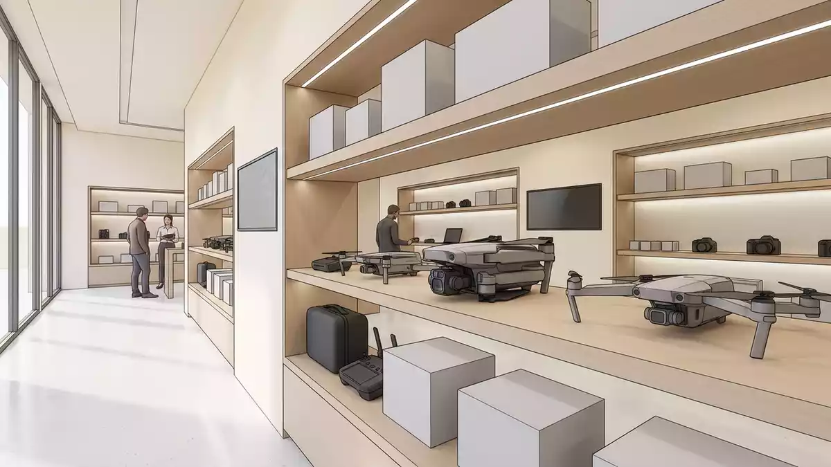 Architektur-Render im Kamerafachgeschaeft mit Kameradrohne im Ausstellungsbereich