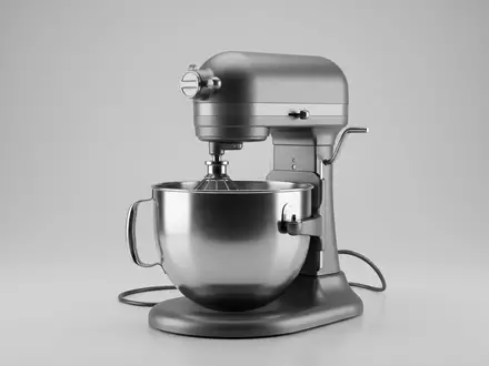 Fotorealistische Studioaufnahme von Kuechenmaschine zum Thema KitchenAid Artisan Küchenmaschine 4, klare Lichtfuehrung - Foto: THN