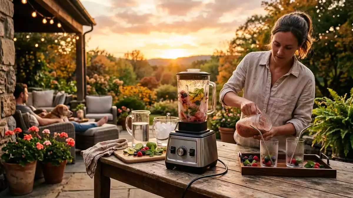 Fotorealistische Ansicht von Standmixer auf der Terrasse in warmem Abendlicht, neutral