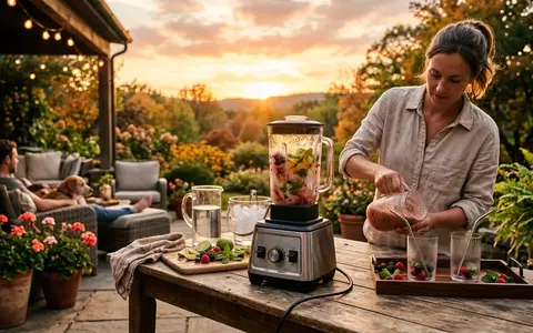Fotorealistische Aufnahme von Standmixer auf der Terrasse zum Thema KitchenAid K400 Variable Speed, warmes Abendlicht - Foto: THN