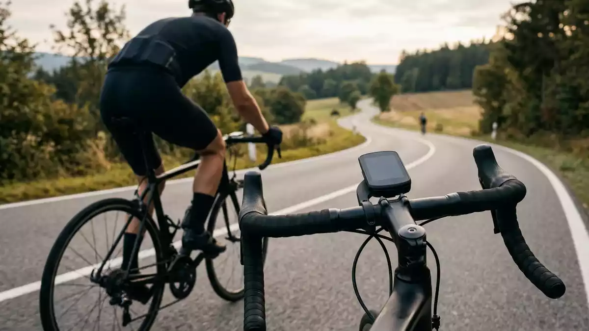 Fotorealistische Ansicht von Fahrradcomputer beim Radfahren in realer Umgebung
