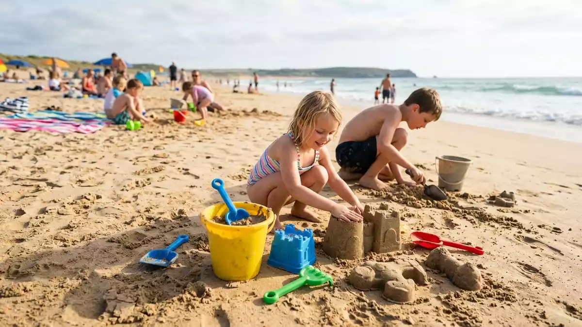 Fotorealistische Ansicht von Strandspielzeug-Set am Strand in realer Umgebung, neutral