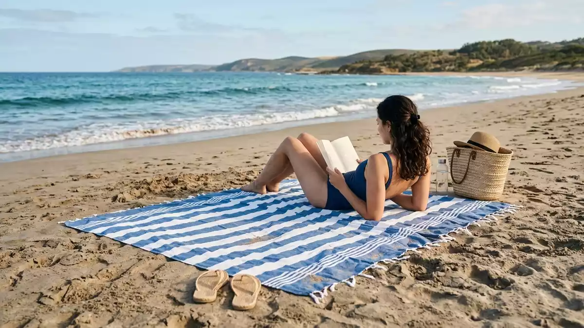 Fotorealistische Ansicht von Strandtuch am Strand in realer Umgebung, neutral