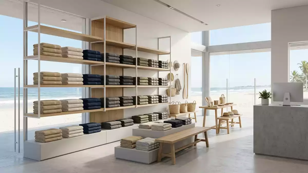 Architektur-Render im Strandzubehoerladen mit Strandtuch im Ausstellungsbereich