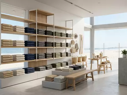 Architektur-Render im Strandzubehoerladen mit Strandtuch zum Thema Lacoste Herren Strandtuch Croc-Logo, neutrales Tageslicht - Foto: THN