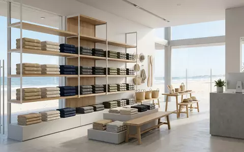 Architektur-Render im Strandzubehoerladen mit Strandtuch zum Thema Lacoste Herren Strandtuch Croc-Logo, neutrales Tageslicht - Foto: THN