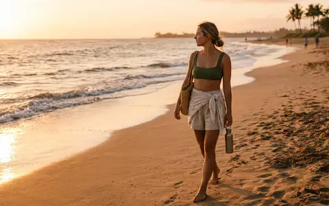 Fotorealistische Aufnahme von Bikinitop am Abendstrand zum Thema Lacoste Damen Bikini-Top Crocodile, warmes Abendlicht - Foto: THN