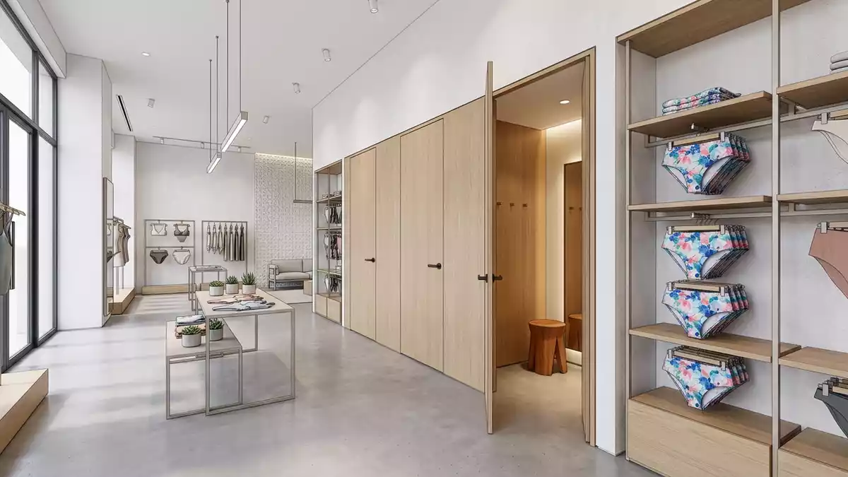 Architektur-Render im Bademodenboutique mit Bikinihose im Ausstellungsbereich, neutral