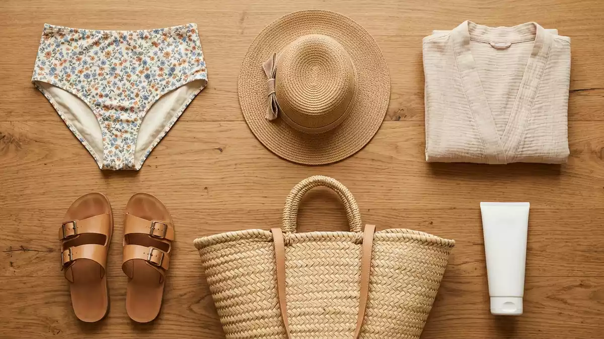 Flatlay-Arrangement rund um Bikinihose mit passenden Requisiten von oben, neutral