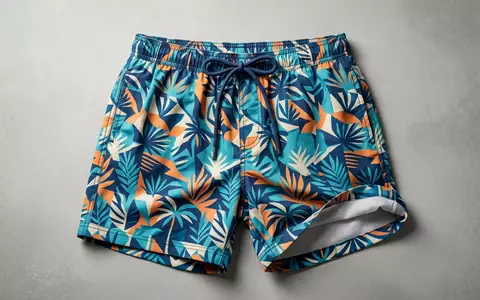Fotorealistische Studioaufnahme von Badeshorts zum Thema Lacoste Herren Badeshorts gedruckt, klare Lichtfuehrung - Foto: THN
