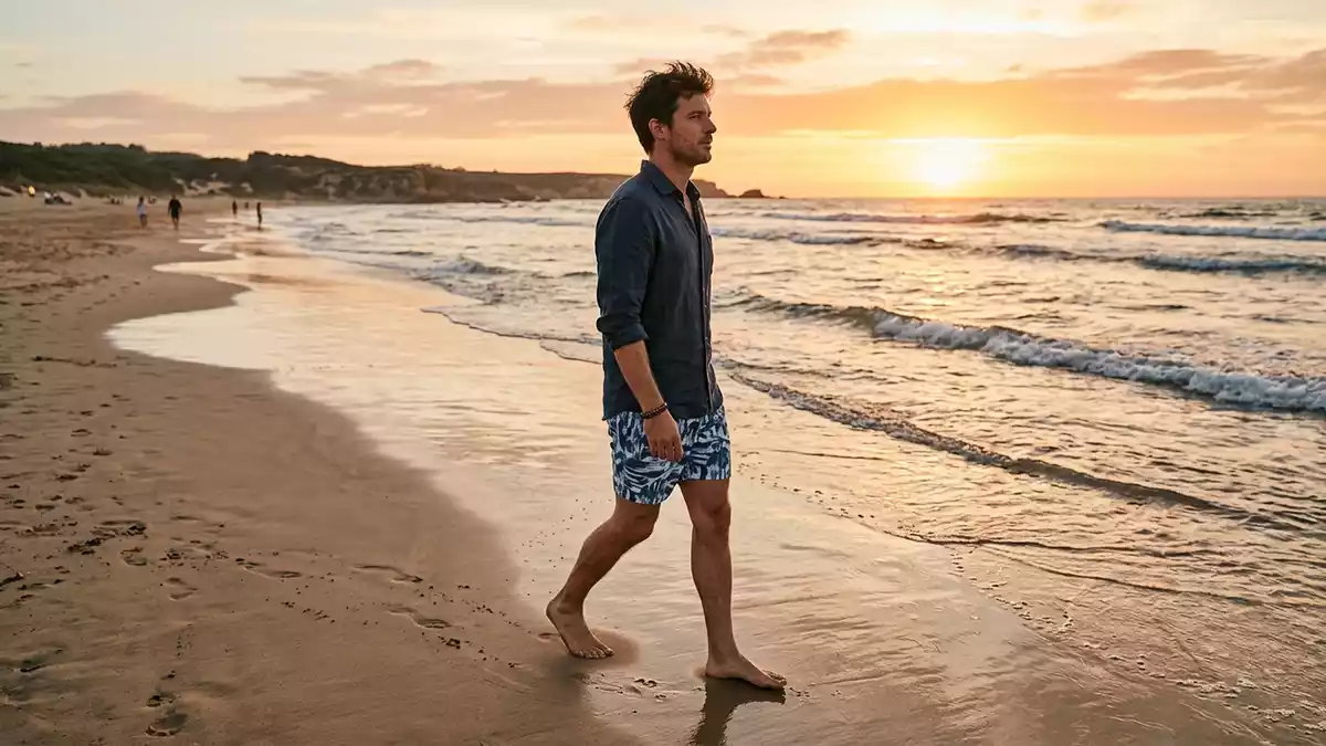 Fotorealistische Ansicht von Badeshorts am Abendstrand in warmem Abendlicht, neutral