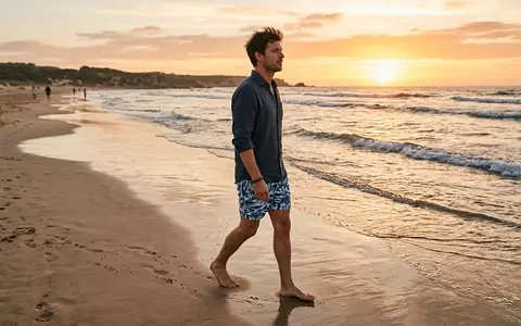 Fotorealistische Aufnahme von Badeshorts am Abendstrand zum Thema Lacoste Herren Badeshorts gedruckt, warmes Abendlicht - Foto: THN