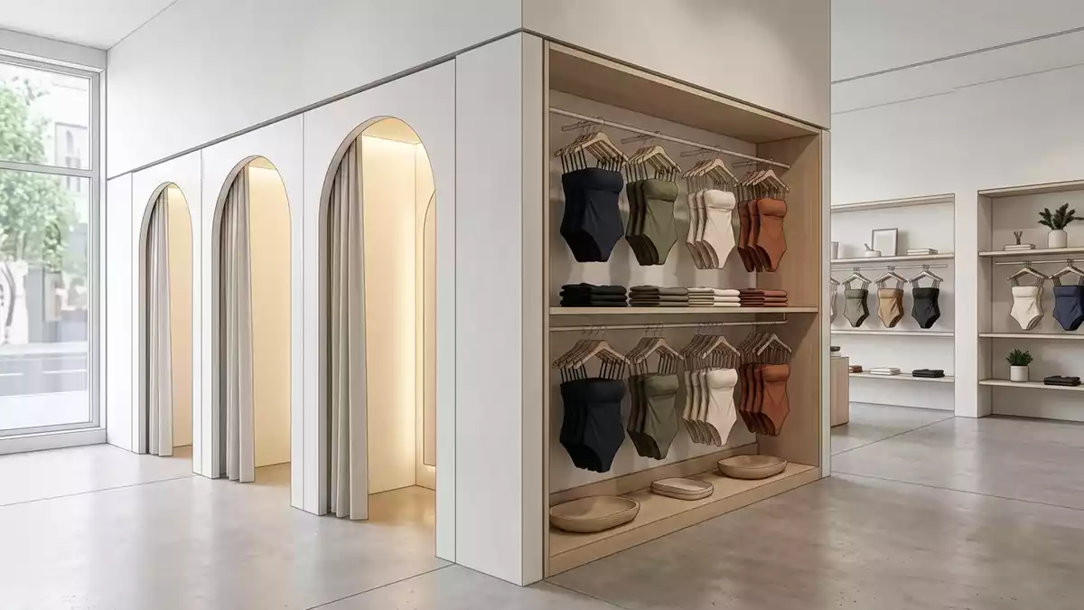 Architektur-Render im Bademodengeschaeft mit Badeanzug im Ausstellungsbereich, neutral
