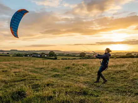 Fotorealistische Aufnahme von Lenkdrachen auf der Wiese zum Thema North Pulse Kite Einleiner, warmes Abendlicht - Foto: THN